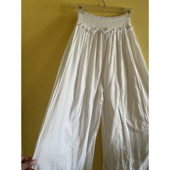 Blanco By Nature White Cotton Wide Leg Pants Large Smocked High Waist Resort NEW - Picture 6 of 11